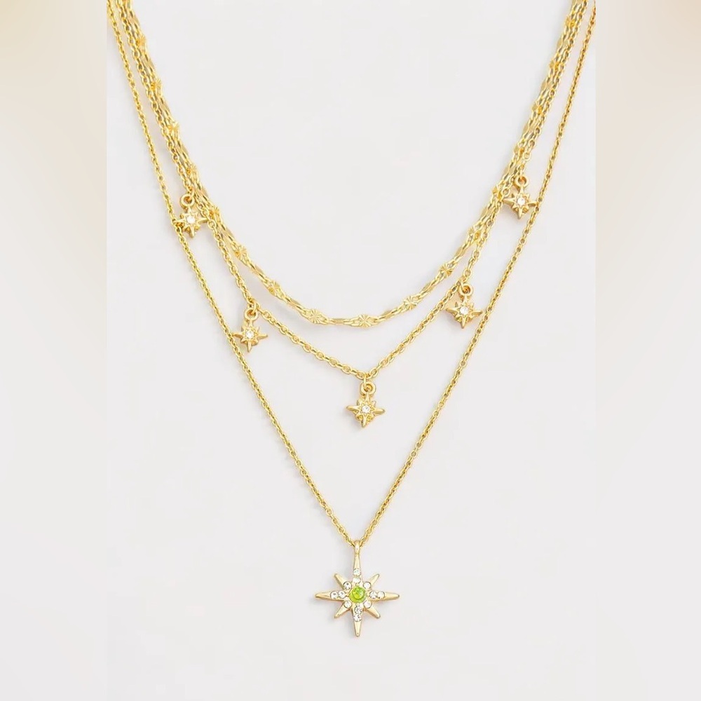 Layered Metal Chain Rhinestone Star Charm Necklace SKU:J1857G-GOLD-1